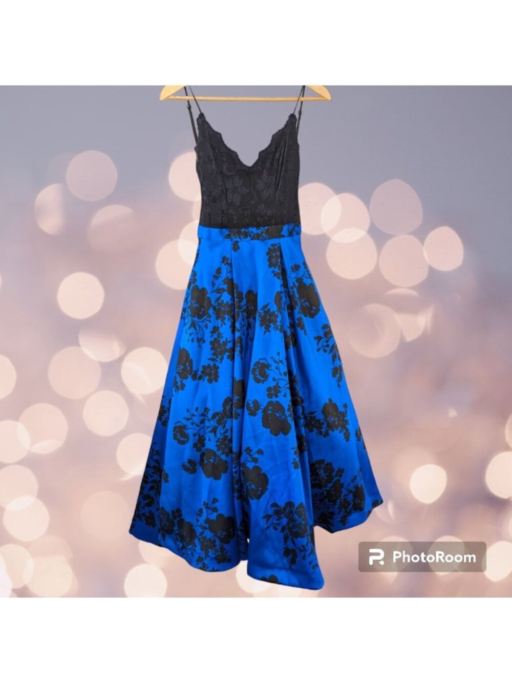 Windsor Floral Ball Gown 1/2 Black Blue Deep V Lace